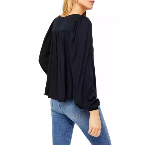 Free People $88 Devin Textured Long Sleeve Knit Top Black‎ Womens Size Small - Picture 2 of 14